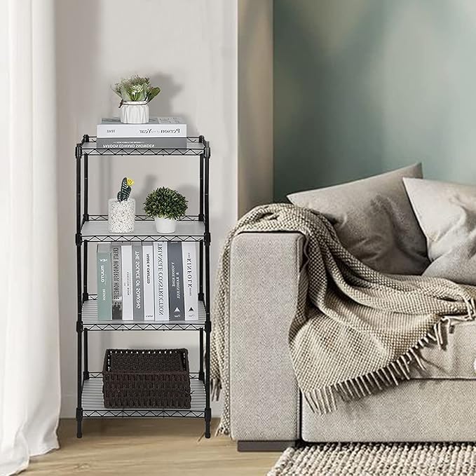 Best 4-Tier Wire Shelving - Black - Heavy Duty Shelf - Kitchen Storage Shelves, Wire Shelving Unit with Baskets Storage Rack Corner Shelf Shelving Adjustable Storage Shelf, 11.8" D x 15.7" W x 47" H