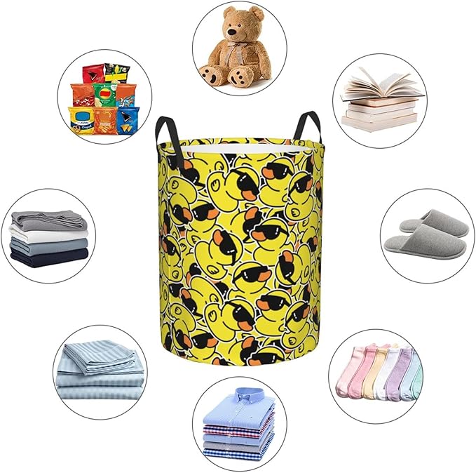Cute Rubber Ducks With Funny Sunglasses Laundry Hamper Bag With Waterproof Liner - Round Laundry Basket Foldable Clothes Storage Organizer For Bathroom Bedroom Nursery Dorm, S-16.5"X 13.8"