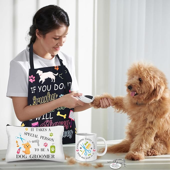 6 Pcs Christmas Dog Groomer Gift Set Include Waterproof Oil Proof Apron Mug Keychain Canvas Tote Bag Cosmetic Bag Socks for Dog Trainer Groomer Birthday Gifts