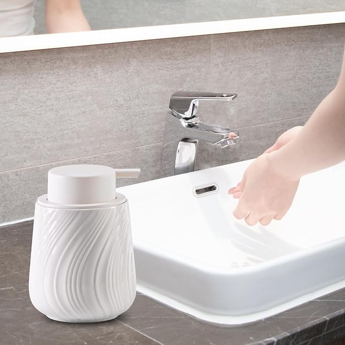 soap Dispenser Ceramic Lotion Dispenser with Easy-to-Press Pump for Bathroom 13.5 oz refillable Liquid Hand soap Dispenser for Hand sanitizers (Liquid-White)