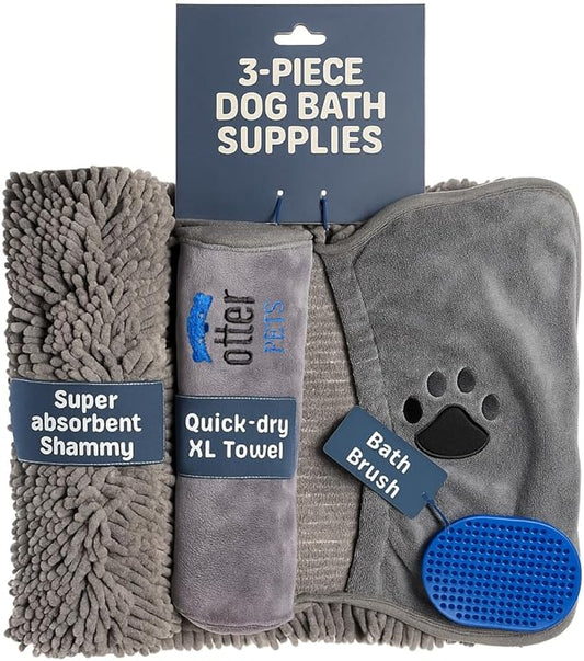 3 Piece Set: 2 Dog Towels and Dog Bath Brush. Dog Shammy and Microfiber Dog Towel. Super Absorbent Towels, Dog Bath Supplies, Dog Scrubber for Bath