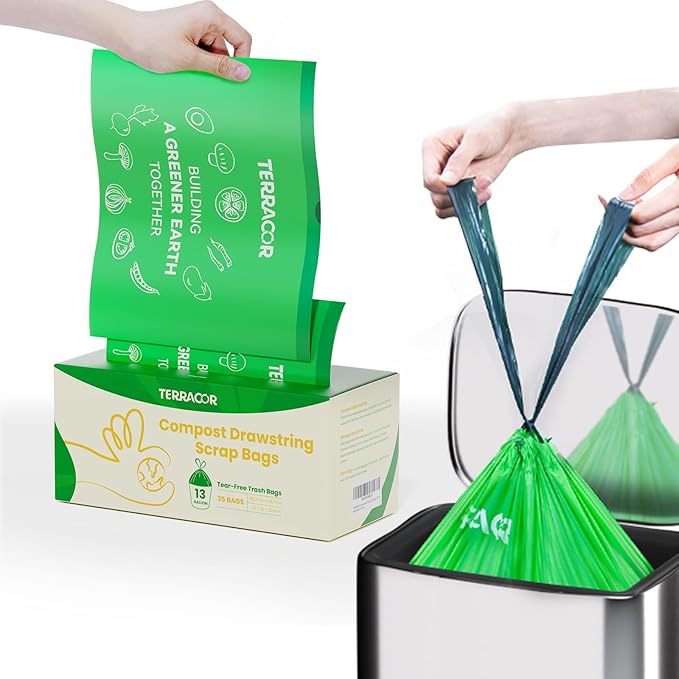 13 Gallon Compostable Trash Bags Drawstring, Heavy Duty Extra Thick 1 Mil, 35 Bags, Tall Kitchen Food Scrap Waste Bag, ASTM D6400
