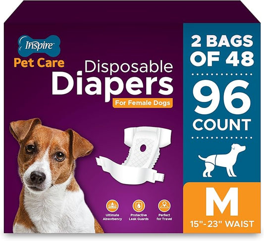 Inspire Pet Care Dog Diapers Female Dogs | Bulk Value Doggie Incontinence, Accidents, for Heat, Pee or Period and Housebreaking (Medium (96 Count))