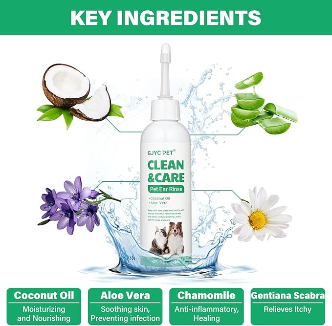 Ear Cleaner for Dogs and Cats,Dog Ear Infection Treatment for Itch Relief, Cleans The Ear Canal from Debris and Buildup Removes Wax, Odor with Aloe 4 Fl oz