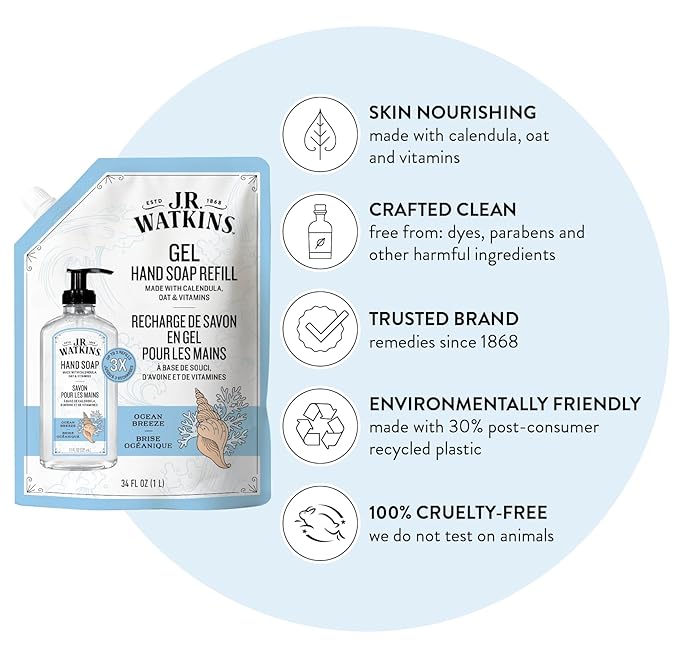 J.R. Watkins Gel Hand Soap Refill, Moisturizing Hand Wash, Formulated with Plant-Based Cleansers, Alcohol-Free, Cruelty-Free, Ocean Breeze, 34 Fl Oz, 2 Pack