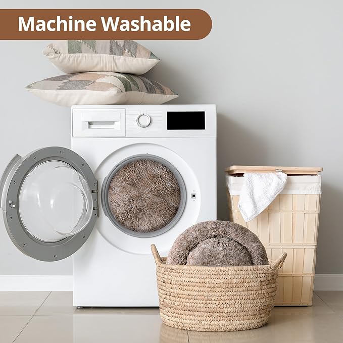 JOLLYVOGUE Small Dog & Cat Beds for Indoor Cats, Donut Cuddler Warming Soft Dog Beds with Anti-Slip Bottom, Round Calming Fluffy Plush Faux Fur Cushion Bed for Large Dogs (36", Smoke Brown)