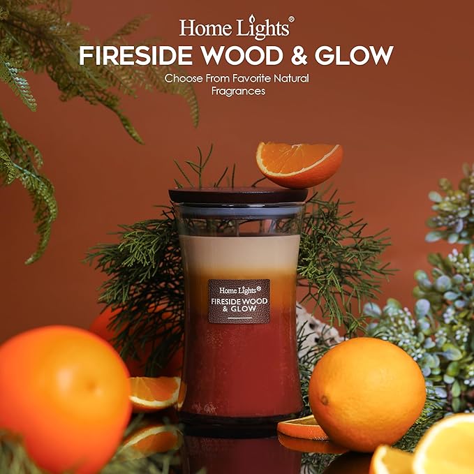 HomeLights 3-Layer Candles for Home Scented, 21.52 OZ Natural Soy Wax Scented Candles Burns Up to 100 Hours, Large Jar, Fireside Wood & Glow