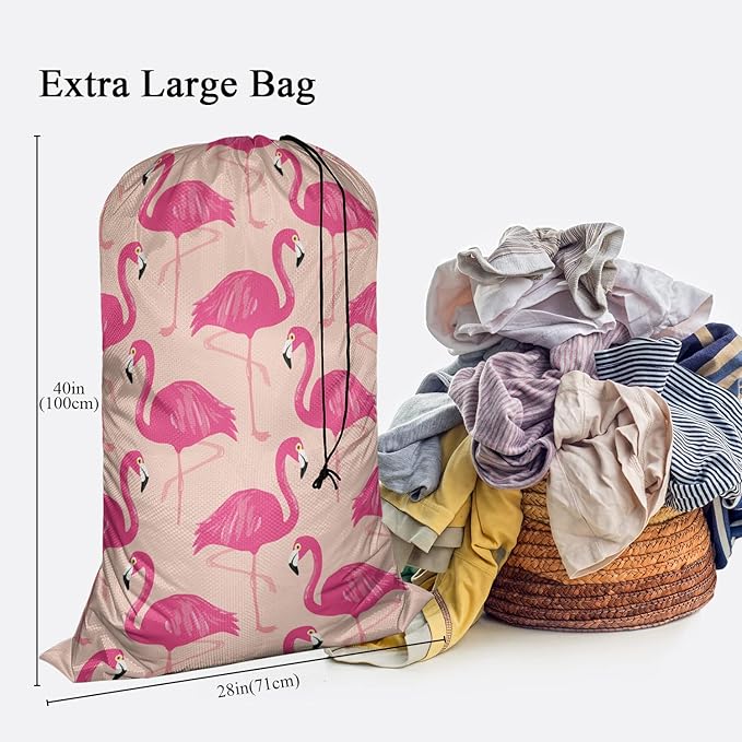 Swono Pink Flamingos Extra Large Laundry Bag with Drawstring Heavy Duty Travel Dirty Clothes Bag for Laundromat Household, Tropical Bird Feather Beak Rip-Stop Laundry Hamper Bag, 28x40 Inch, Wildlife