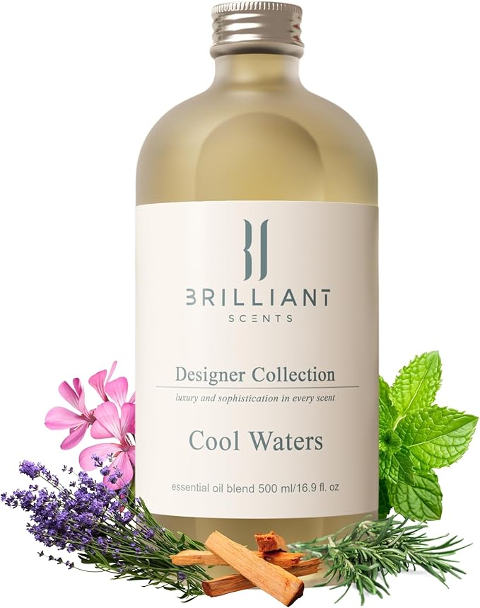Brilliant Scents Cool Waters Fragrance Oil 200ml - Premium Diffuser Oil for Home, Office, Hotels - Long Lasting, Plant-Based, Meets IFRA Standards, USA-Made - Mint, Lavender, Tobacco