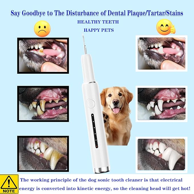 Pet Ultrasonic Plaque Remover,Tooth Cleaning Kit for Tartar and Stains,6 Modes Low Noise Sonic with LED Light,Safe for Dogs and Cat(White)