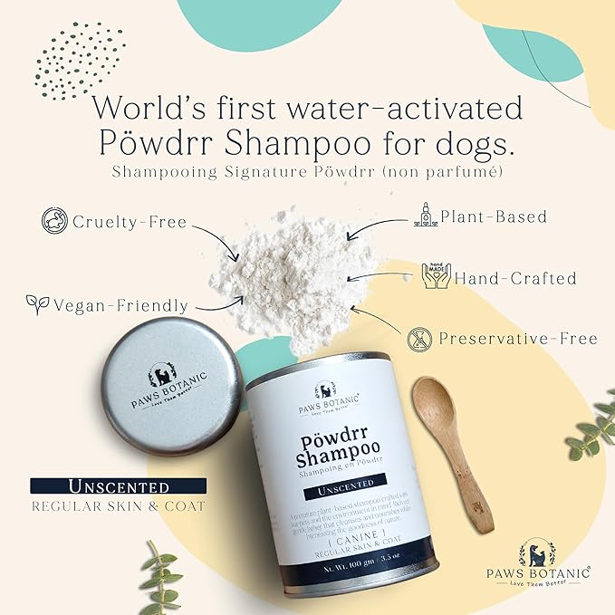 Unscented Dog Dry Shampoo, Powder Shampoo for Dogs, Regular Skin & Coat, 3.5 oz with Bamboo Spoon
