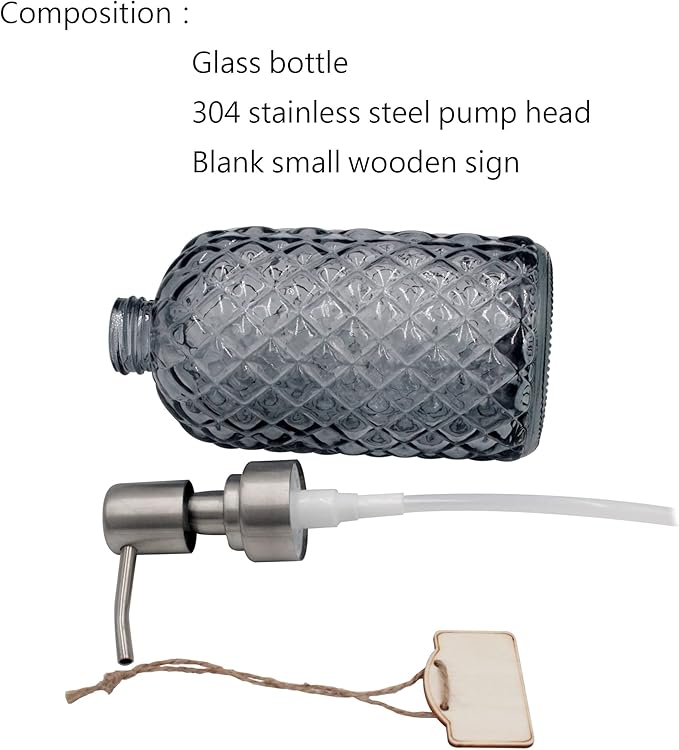 16 oz Diamond Pattern Glass Soap Dispenser, Kitchen and Bathroom Refillable Soap Dispenser with Rust Resistant Stainless Steel Pump for Hand Soap, Lotion Glass Liquid Dispenser(Grey-2pack)