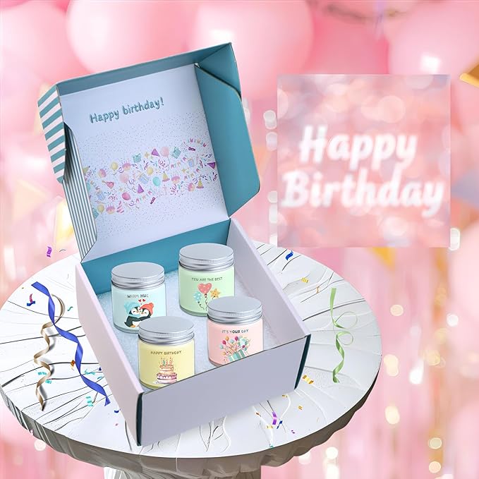 Luina Birthday Candle Gift Set, 4 Pack Natural Soy Wax Candles in Glass Jars, Relaxing Aromatherapy Candles for Women and Mom, Stress Relief and Birthday Presents