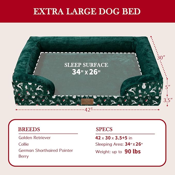 Comfort Expression Orthopedic Dog Bed for Extra Large Dogs 42x30 Inch, Waterproof Egg Crate Foam XL Pet Bed with Removable Bolsters, Dog Couch with Washable Cover & Non-Slip Bottom, Christmas Green