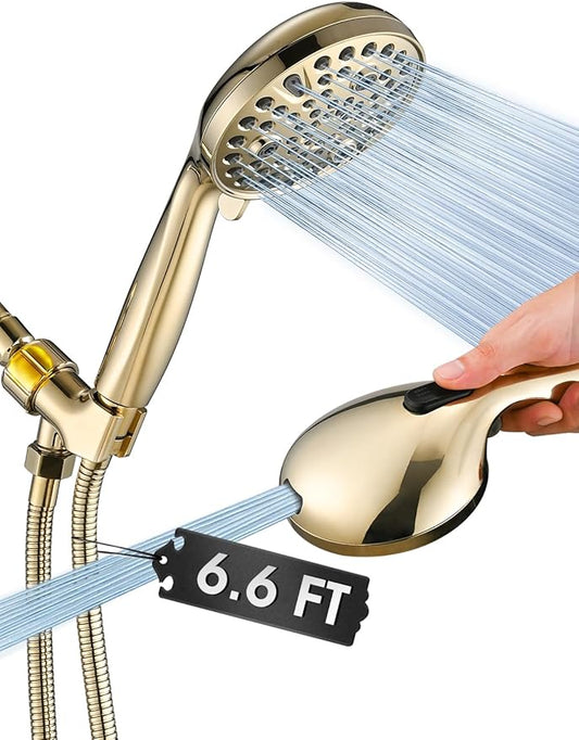High Pressure 10 Setting Handheld Shower Head, 5" Detachable Showerhead Spray Built-in Power Wash to Clean Tub, Tile & Pets, 79" Extra Long Stainless Steel Hose, Adjustable Bracket - Gold