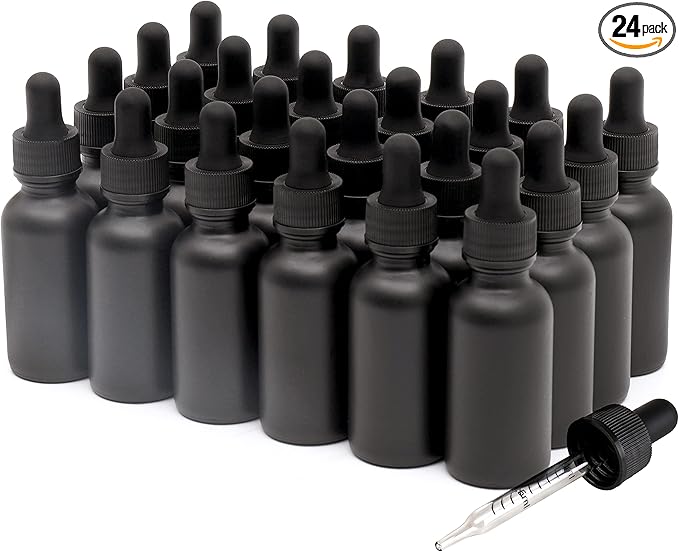 24 Pack,1oz Glass Dropper Bottle, Frosted Black Tincture Bottles with Dropper,Pretty Finish for All Kinds of Liquids,Oil Bottles for Hair- Stronger Suction ideal for Leakproof Travel