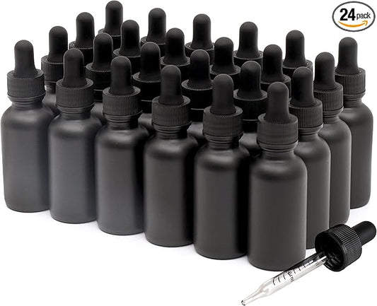24 Pack,1oz Glass Dropper Bottle, Frosted Black Tincture Bottles with Dropper,Pretty Finish for All Kinds of Liquids,Oil Bottles for Hair- Stronger Suction ideal for Leakproof Travel