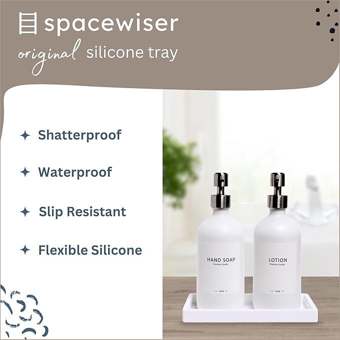 Countertop and Vanity Tray - Small 7.7” Silicone Tray for Soap Dispenser, Bathroom Trays, Dish Soap Trays for Kitchen Counter, Sink Caddy Sinks Organizer, Soaps Dish & Sponge Holder, White