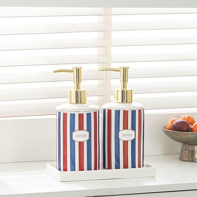Patriotic Red, White & Blue Ceramic Soap Dispenser Set with Gold Pump – 3-Piece Bathroom & Kitchen Accessories with Tray, Refillable Lotion & Dish Soap Pump Bottles for Fourth of July & Nautical Décor