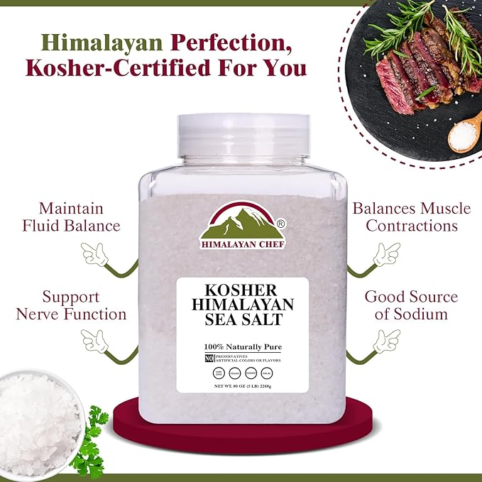 Himalayan Chef Kosher Sea Salt – Full Flavor, No Additives, unrefined and Less Sodium - Natural and Organic - 5 Pound Plastic Jar, Kosher & Non GMO Certified
