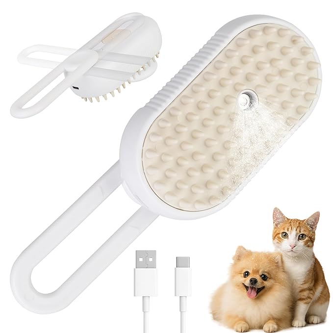 Cat Dog Hair Steam Brush: 4 in 1 Pet Grooming Tool Rechargeable Groomer Silicone Comb for Massage, Cleaning, Shedding and Combing, Anti-Static, 360° Portable Handle for Long or Short Hair Pet (White)