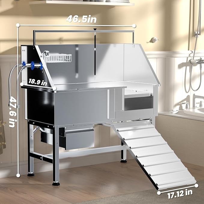 46" Dog Washing Station for Home,Stainless Steel Professional Dog Bathing Station Height Adjustable D og Grooming Tub Ramp, Drawer, Floor Grate & Fauct (R Ramp)