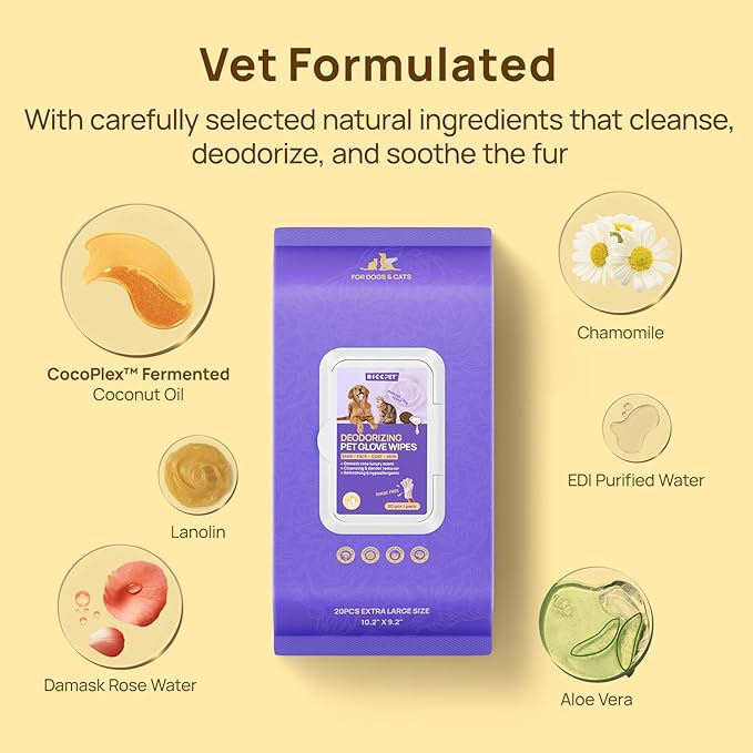 HICC PET Cleaning Deodorizing Glove Wipes for Dogs & Cats, Vet Recommended Hypoallergenic Hydrating & Nourish Fur Pet Grooming Glove Wipes, Pet Bathing Wipes for Horse Coat Care