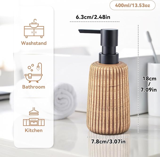 Comeon Hand Soap Dispenser, 400ml/13.5oz Ceramic Bathroom Dish Soap Dispenser for Kitchen Sink Brown Refillable Soap Dispensers in Kitchen Countertop Shower (13.5oz,Dark Brown)