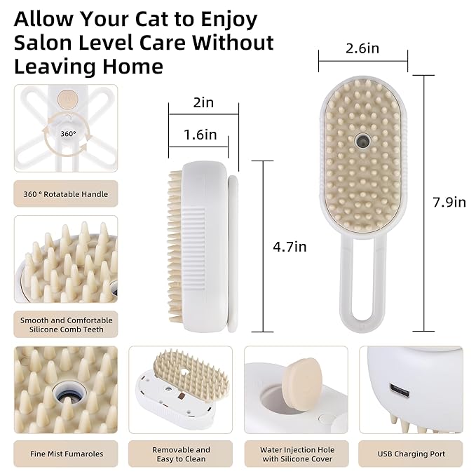 Cat Dog Hair Steam Brush: 4 in 1 Pet Grooming Tool Rechargeable Groomer Silicone Comb for Massage, Cleaning, Shedding and Combing, Anti-Static, 360° Portable Handle for Long or Short Hair Pet (White)
