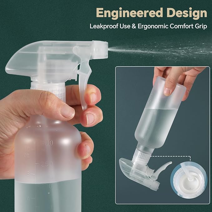 Leakproof Spray Bottles (2 Pack 10 oz), Adjustable Fine Mist & Jet Stream Nozzle, Premium BPA-Free Frosted Plastic Multi-Purpose for Hair, Plants, Cleaning (2 PACK CLEAR)