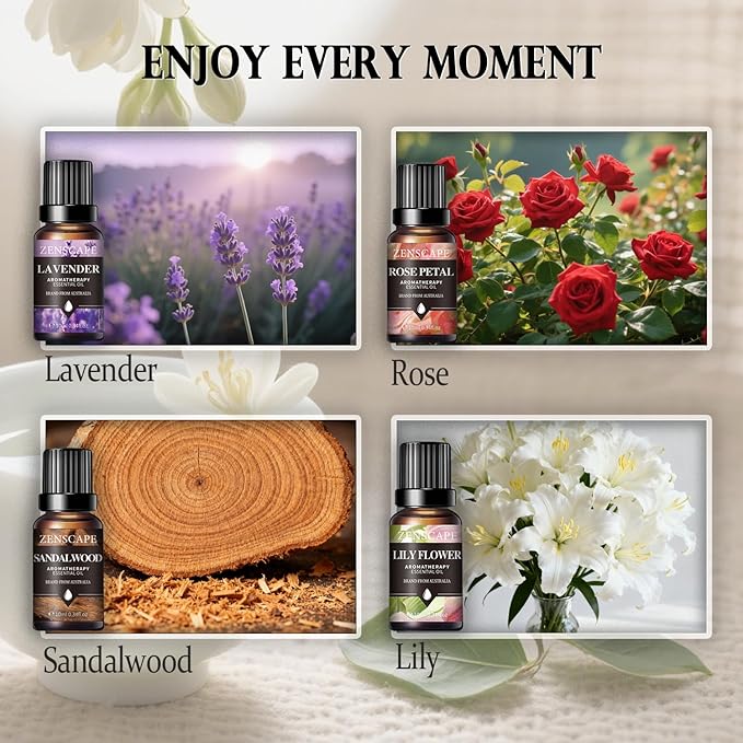 Lavender Rose Sandalwood Lily Essential Oils Set - 4x10ml Aromatherapy Blends for Sleep & Emotional Balance