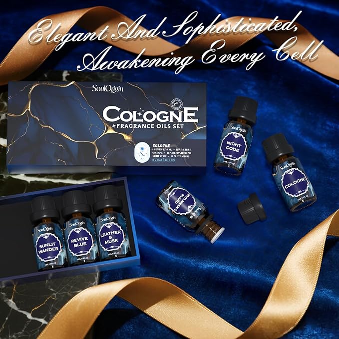 Cologne Fragrance Oils Set, Essential Oil for Diffuser, Men Scent Diffuser Oil, Use for Soap Candle Making, Cologne, Leather&Musk, Revive Blue, Sunlit Wander, Gentleman's Blend, Night Code