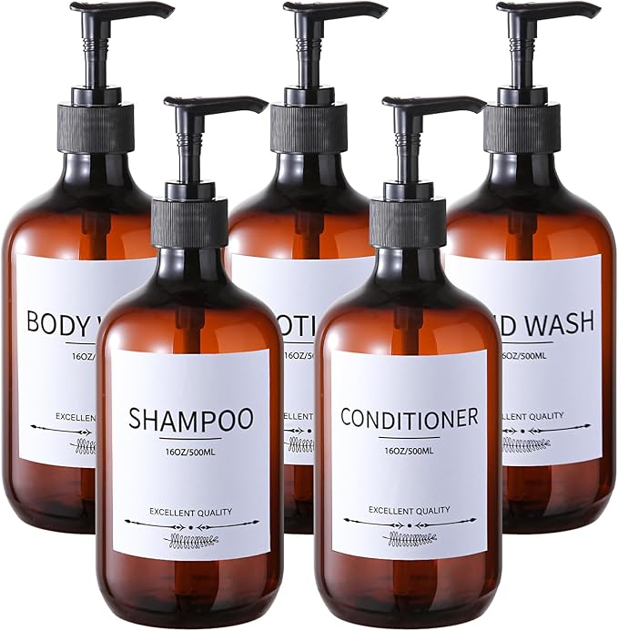 Stylish Shampoo Bottles Refillable with Pump,(5Pack) Amber Shampoo and Conditioner Dispenser,Shampoo Bottles with 8pcs Lables