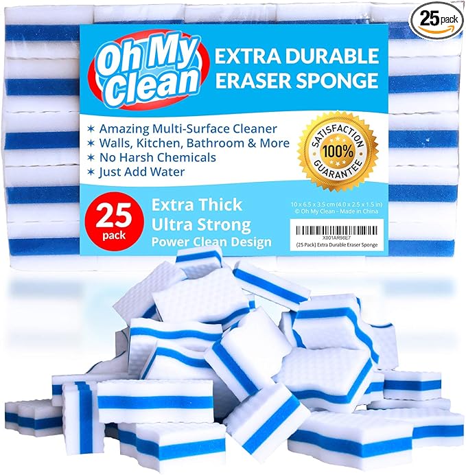 (25 Pack) Extra Durable Eraser Sponge - Extra Thick, Long Lasting, Premium Melamine Sponges in Bulk - Multi-Purpose Power Scrubber - Bathroom, Kitchen, Floor, Bathtub, Toilet, Baseboard, Wall Cleaner