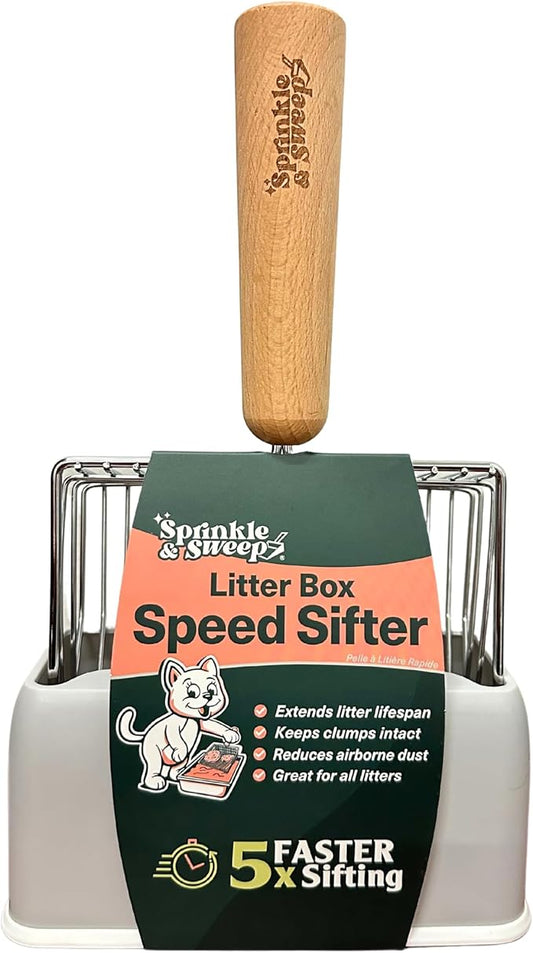 Sprinkle & Sweep Metal Cat Litter Scoop - Heavy Duty Litter Scooper & Speed Sifter with Comfortable Beech Wood Grip - Washable Convenient Stand for Easy and Efficient Cleaning