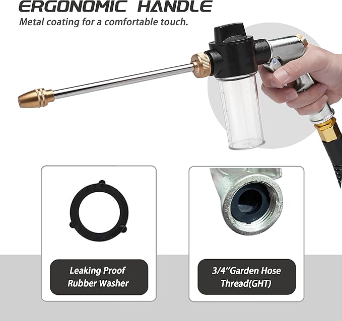 High Pressure Garden Hose Nozzle Sprayer with 3.5oz Plastic Soap Dispenser Bottle, Heavy Duty Car Wash Foam Gun, Adjustable Nozzle for Gardening, Solar Panel Cleaning, Pet Showering (Silver)