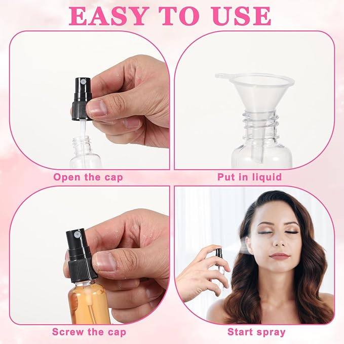 100 Pcs Mini Clear Spray Bottles 1 oz/30ml Clear Fine Mist Spray Bottle with 5 Pcs Funnels Plastic Empty Refillable Spray-Bottle for Cleaning, Plants, Misting, Skin Care