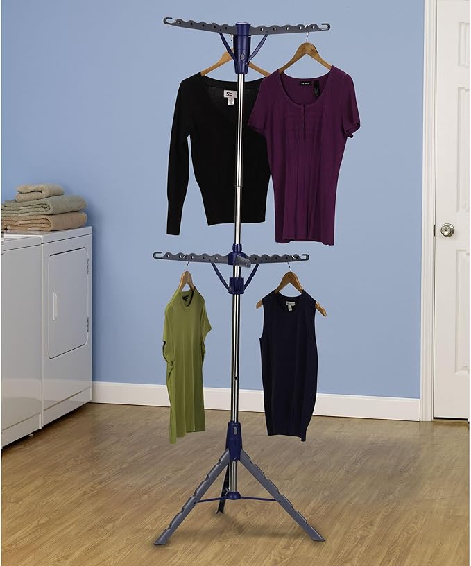 Household Essentials 5012-1 Portable 2-Tier Clothes Drying Rack Tri-pod | Dry Wet Laundry or Hang Clothes | Silver and Blue