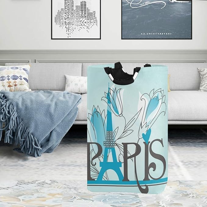 visesunny Paris Letters Blue Pattern Large Laundry Hamper with Handle Foldable Durable Clothes Hamper Laundry Bag Toy Bin for Bathroom, Bedroom, Dorm, Travel