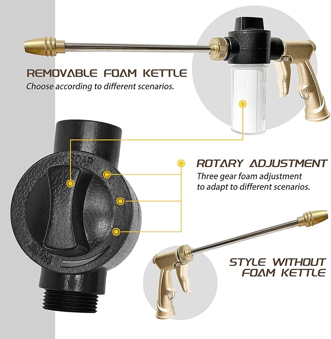 High Pressure Garden Hose Nozzle Sprayer with 3.5oz Plastic Soap Dispenser Bottle, Heavy Duty Car Wash Foam Gun, Adjustable Nozzle for Gardening, Solar Panel Cleaning, Pet Showering (Brass)