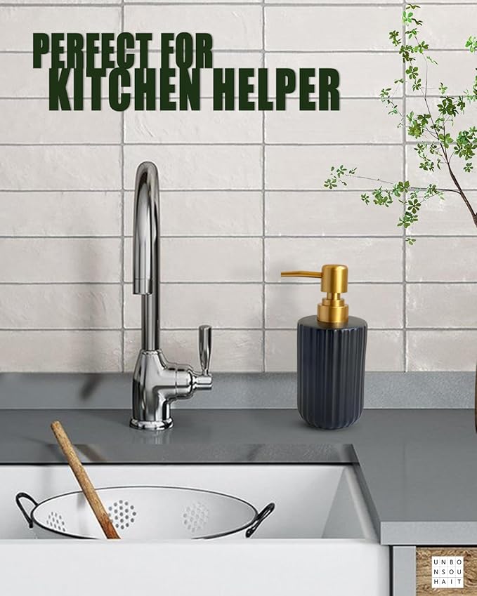 Ceramic Hand Soap Dispenser with Plastic Pump, Simple Style Gold and Black Cylindrical Dispenser