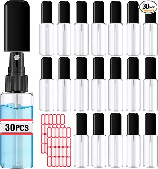30 Pack 2oz/55ml Plastic Spray Bottles Mini Travel Spray Bottle with Black Cap Empty Fine Mist Spray Bottles Refillable Liquid Container for Perfumes Travel Makeup