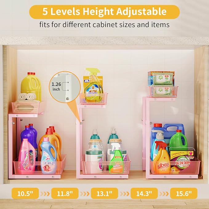 Under Sink Organizer, Under Sink Organizers and Storage with Adjustable Height and PET Basket, Pull Out Under Cabinet Organizer for Counter Kitchen, Vanity, Laundry, Pantry (1Pack)