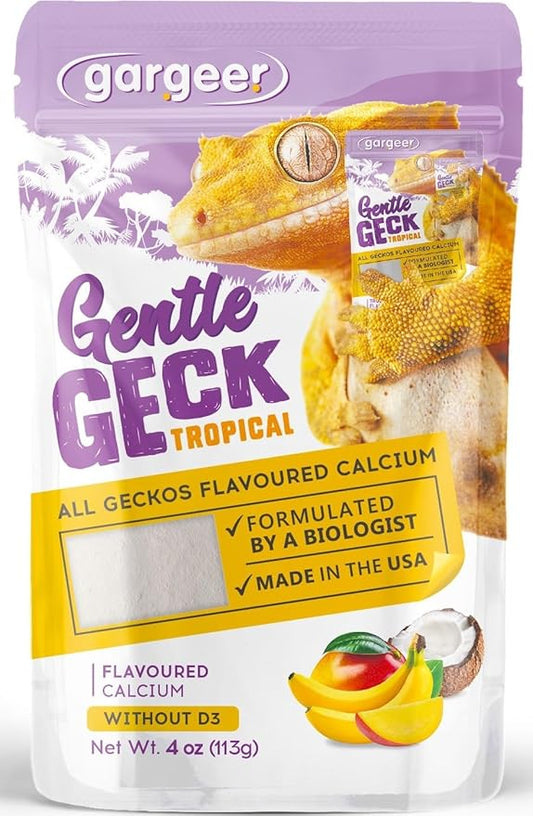 4oz Gecko Calcium without Vitamin D3, Phosphorus-free, Ultrafine Powder. Ready to Use Supplement for Geckos & Fruit-Eating Reptiles. Flavored with Real Organic Tropical Fruits. Made in the USA