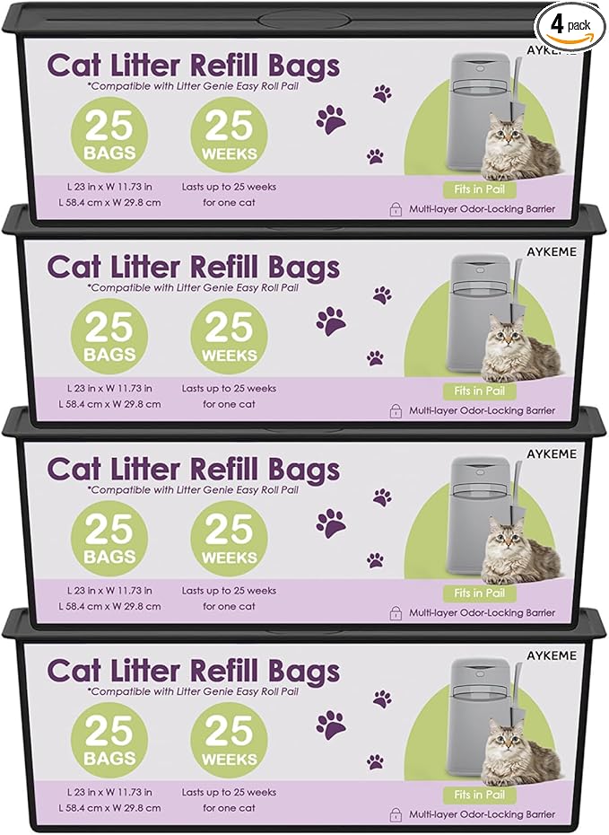 100 Cat Litter Refill Roll Bags Compatible with Litter Genie Easy Roll Pail | Odor-Control & Long-Lasting Refills | 4 Pack (100 Bags Total)