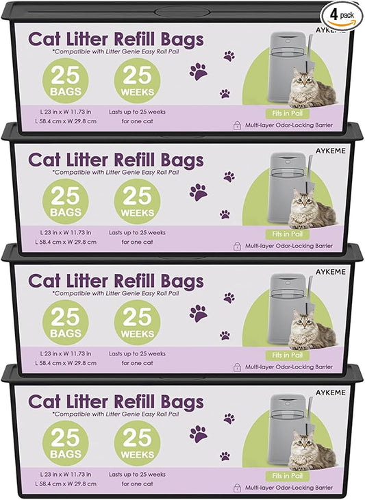 100 Cat Litter Refill Roll Bags Compatible with Litter Genie Easy Roll Pail | Odor-Control & Long-Lasting Refills | 4 Pack (100 Bags Total)