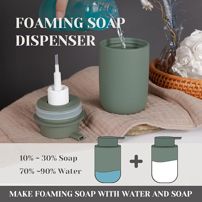 INGOFIN Ceramic Foaming Soap Dispenser Set, 2 Pack (12 oz) Bathroom Foam Hand Soap Dispenser with Pump, Hand and Dish Dispenser Set with 8 Pcs Clear Stickers,for Kitchen- Matte Green