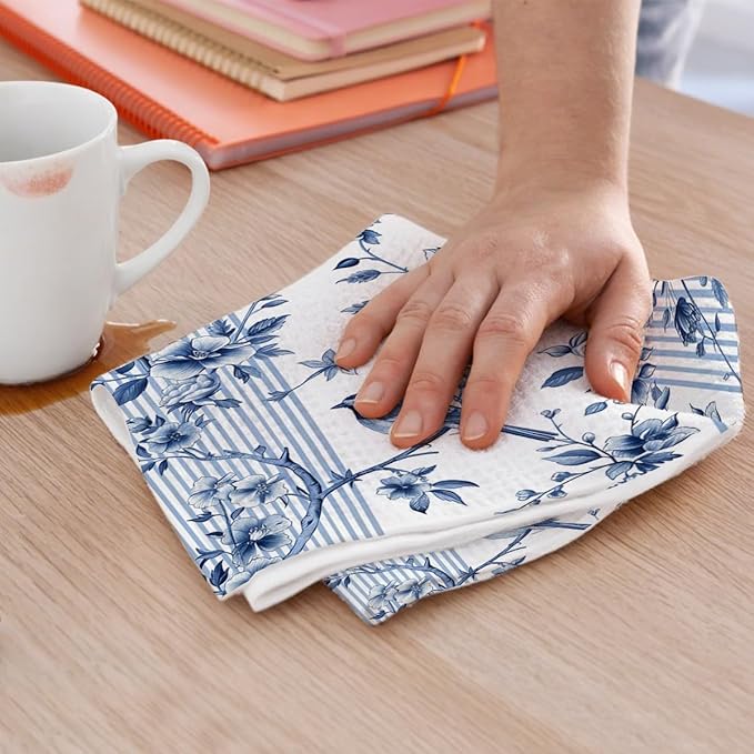 2 Pcs Artistic Bird Kitchen Towels, Floral Art Decorative Absorbent Microfiber Dish Cloth Tea Towel, Waffle Soft Hand Towels for Farmhouse Home Bathroom, Housewarming Gifts