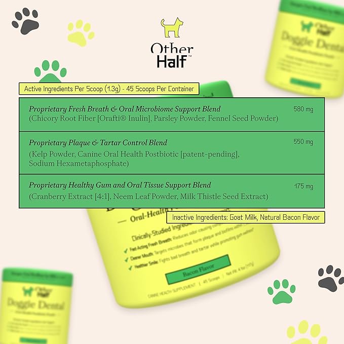 OTHER HALF Doggie Dental Supplement Powder - Dog Breath Freshener & Teeth Cleaning Made Easy - Oral Health Postbiotic for Dogs - Targets Tartar, Plaque & Bad Breath | 45 Scoops, Bacon Flavor