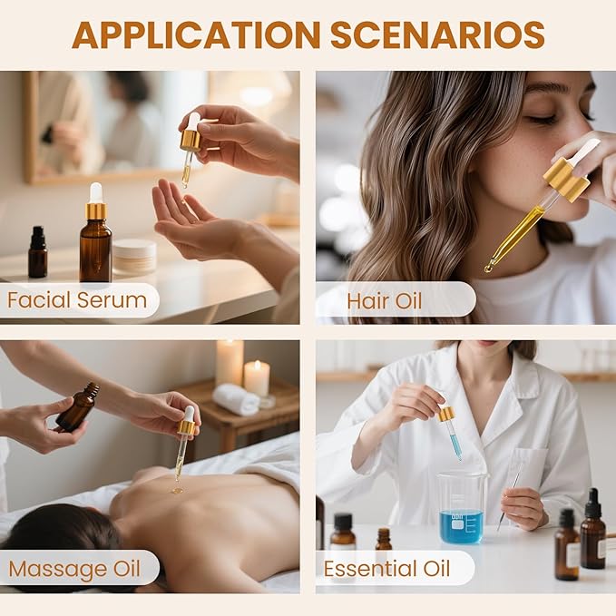 28 Pack 2oz Amber Glass Dropper Bottles with Gold Lids, Funnels, Droppers, Extra Caps & Labels – Leakproof, UV Resistant 60ml Empty Bottle for Tinctures, Essential Oils, Beard & Hair Oils